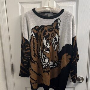 Vintage Precious Knit Marc C. Tiger Graphic Sweater Black, Brown, Cream Roar!